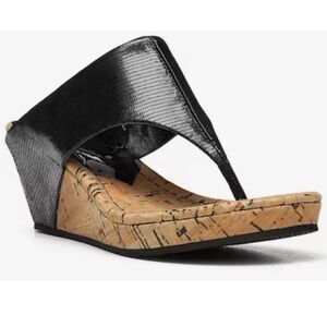 Donald J. Pliner Gil Cork Wedge Black Leather Thong Platform Sandal 9.5 womens